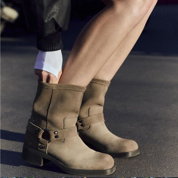 Zara NWT Suede Moto Biker Ankle Boots Womens Size EU 37 / US 6.5 - Picture 1 of 16